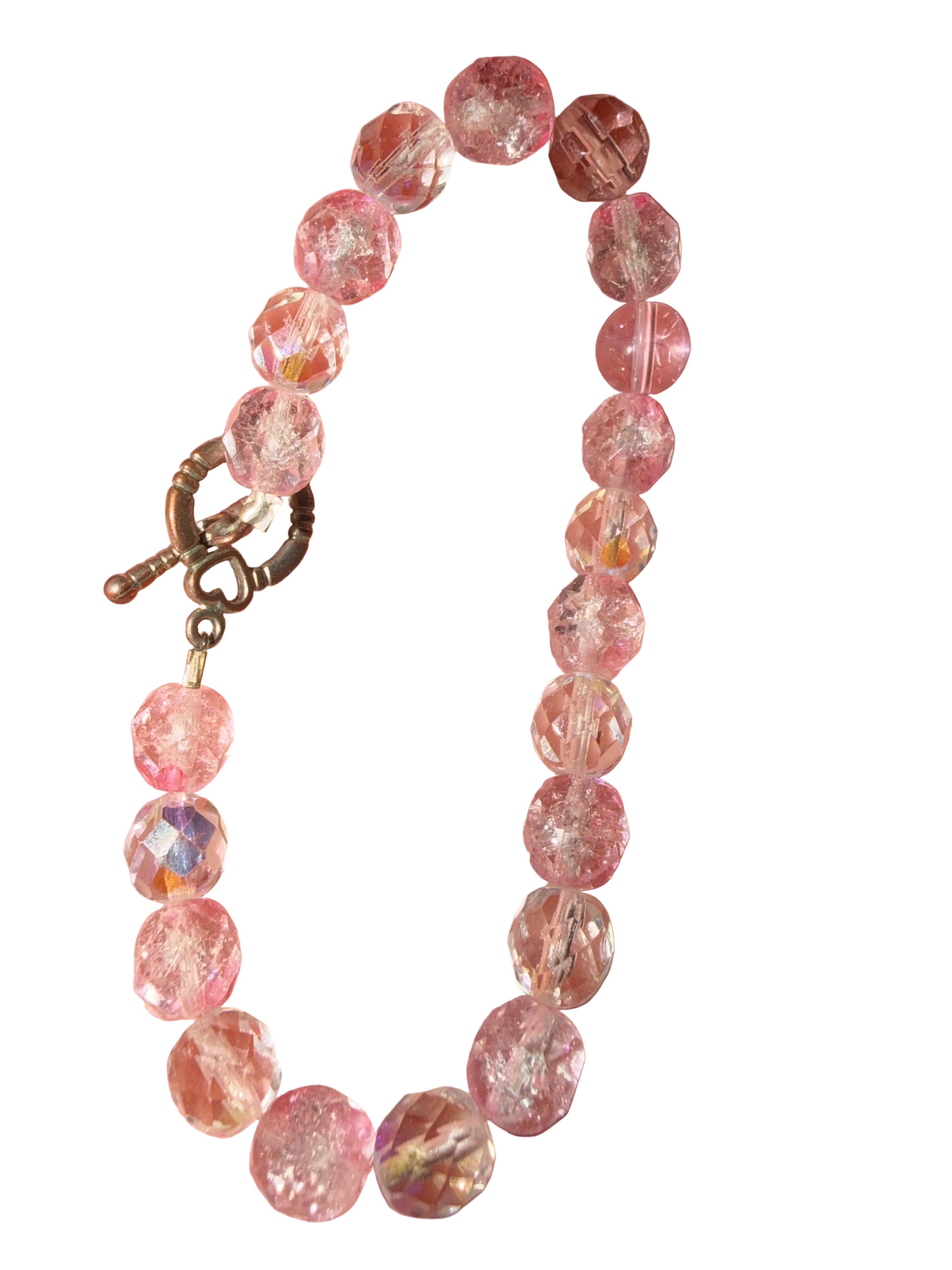 Vintage Pink and Clear Crackle Czech Glass Style Bead Bracelet w Heart Toggle Closure