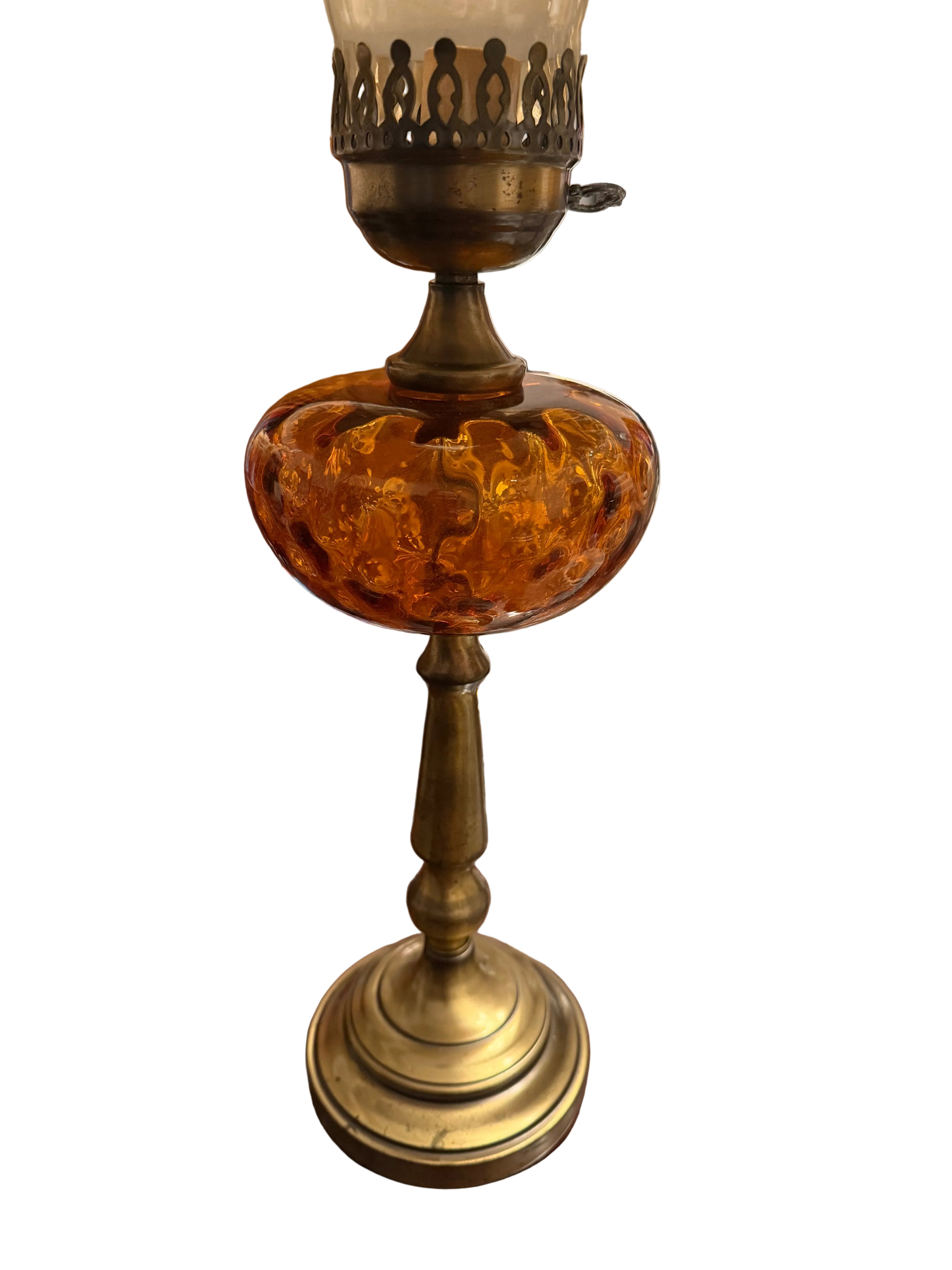 Vintage Amber Glass and Brass Victorian Boudoir Hurricane Lamp