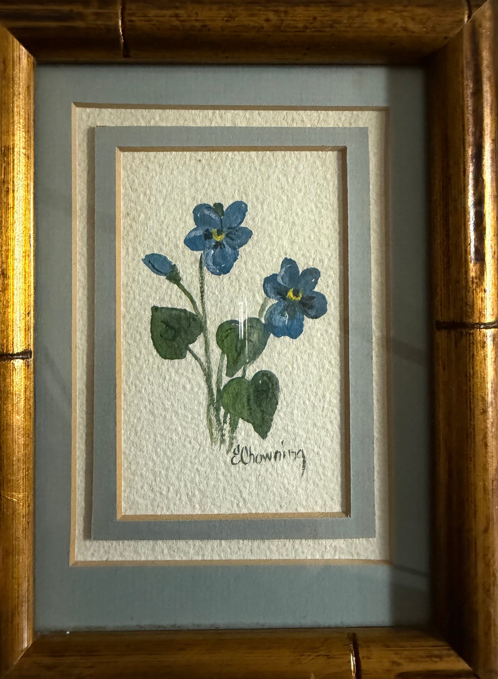 Vintage Emily Chowning Signed Water Color Painting, Vintage Bamboo Frame, Forget Me Nots, Botanical Blue Purple Flowers