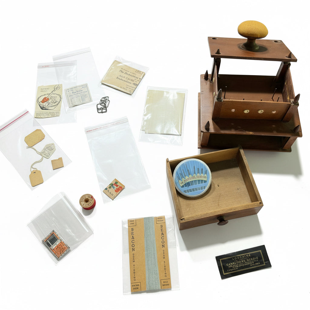 Antique 19th Century 3-Tier Shaker-Style Wooden Sewing Box & Spool Cabinet with Vintage Notions Lot - Estate Find