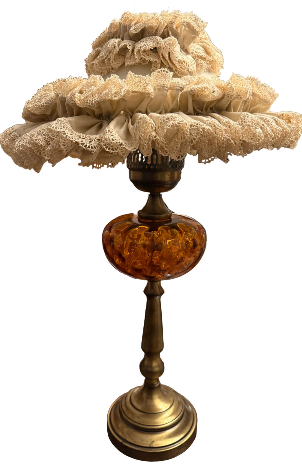 Vintage Amber Glass and Brass Victorian Boudoir Hurricane Lamp