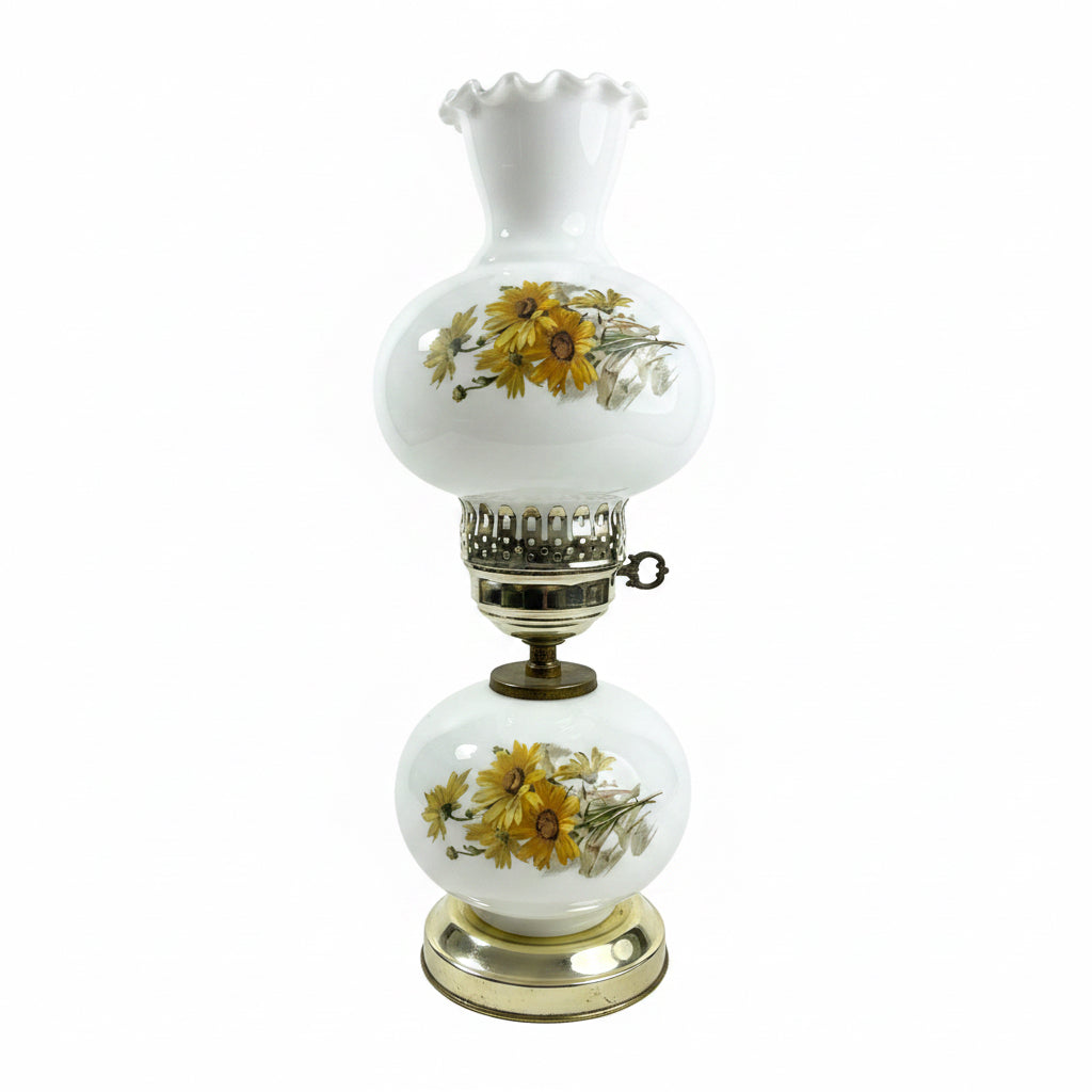 Vintage 3-Way Milk Glass Hand Painted Converted Oil Lamp, GWTW Hurricane Parlor Lamp, Sunflower and Daisy Design