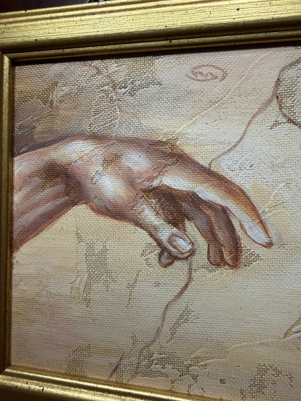 Vintage Alexioy Signed Framed Oil Painting on Canvas,  Michaelangelo 'Creation of Adam' and Parthenon