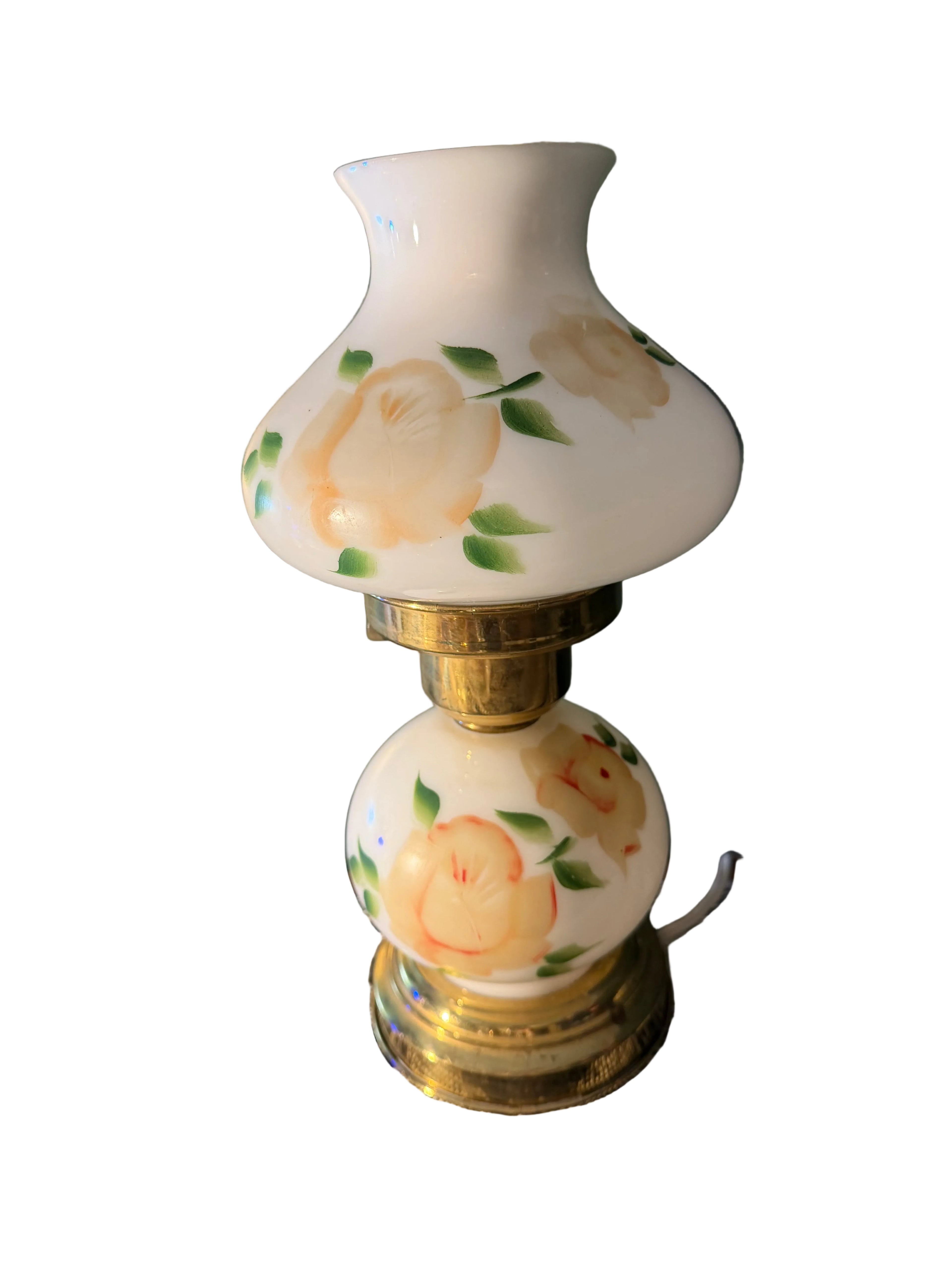 Vintage Converted Oil Lamp GWTW Style Hand Painted Floral Milk Glass Hurricane Lamp