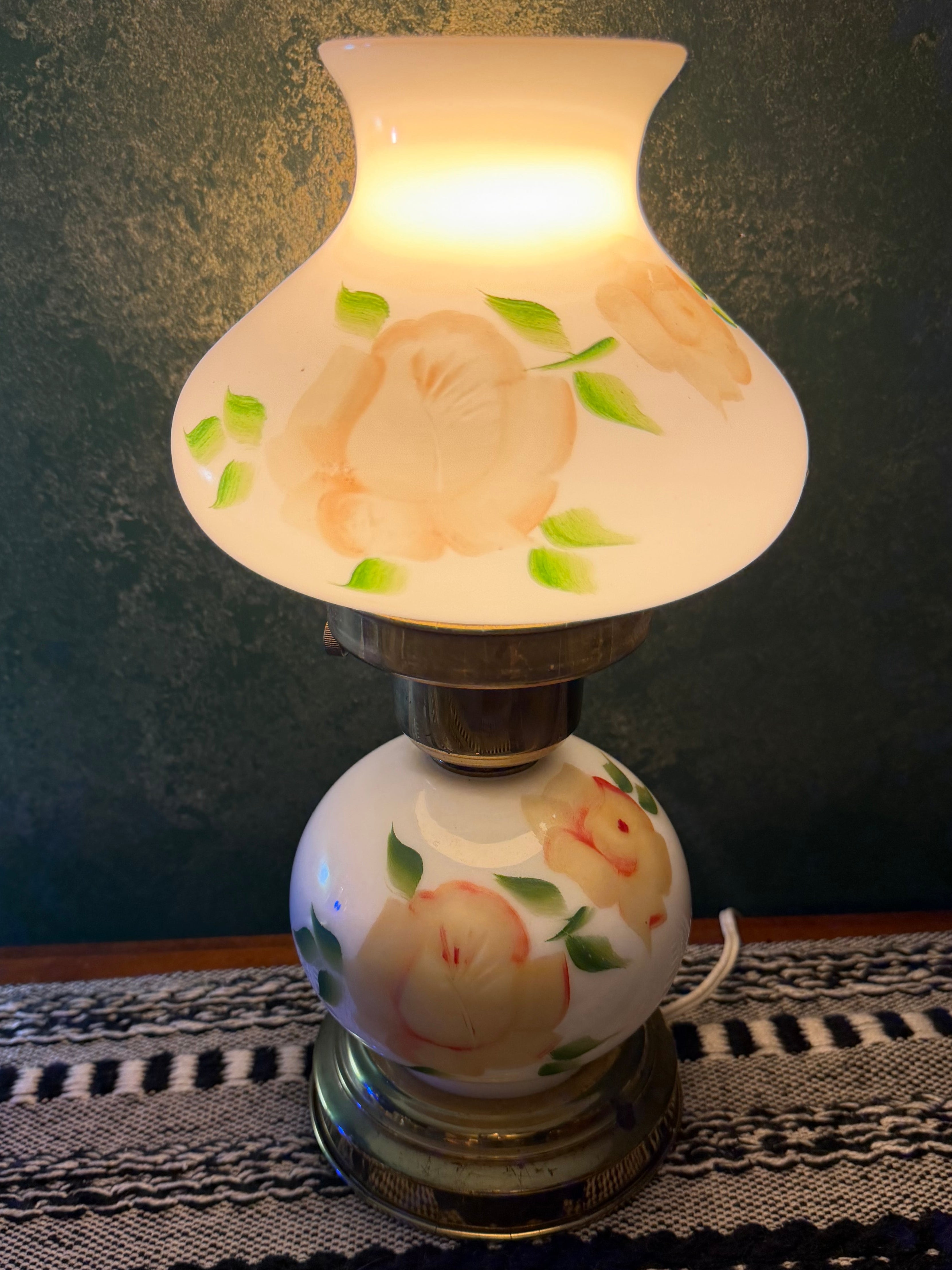 Vintage Converted Oil Lamp GWTW Style Hand Painted Floral Milk Glass Hurricane Lamp